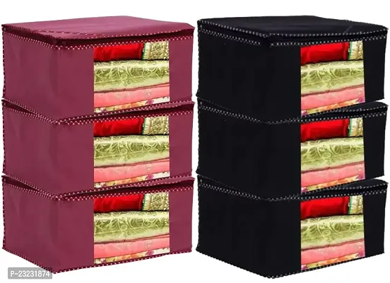 Non Woven Maroon and Black Saree Cover with Zipper Closure Transparent Window Garment Organizer Storage Box-thumb0