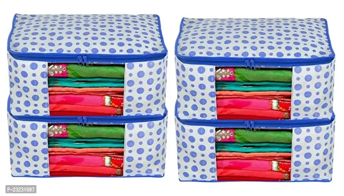 ANNORA INTERNATIONAL Non Woven Fabric Polka Dot Saree Cover/Clothes Organizer |Transparent Window |Zipper Closure With Foldable Material | Pack of 4 (Blue)-thumb0