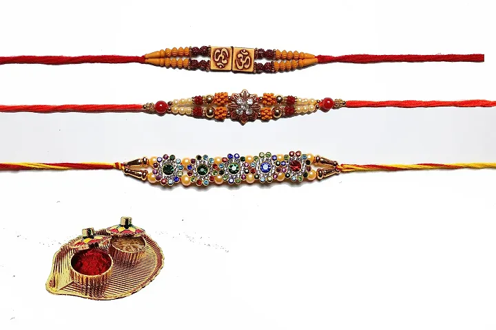 ANNORA INTERNATIONAL Beautiful Designer Rakhi witl Roli and Chawal/Different Rakhi Combo Set With Greeting Card(Pack of 3)