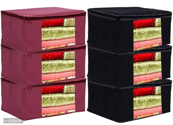 ANNORA INTERNATIONAL Non Woven Fabric Saree Cover/ Clothes Organiser For Wardrobe Set with Transparent Window And Zip For Lehenga, Suit, Dress, Accessories, Extra Large , Black  Maroon ( Pack Of 6)-thumb0