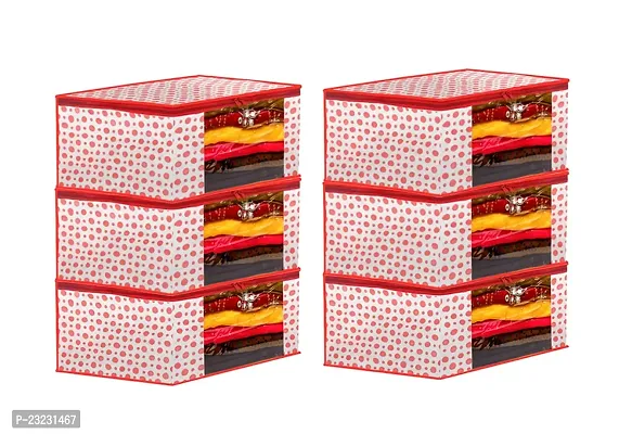 ANNORA INTERNATIONAL, Saree Cover with Zip/Storage Box with transparent window/Saree Cover for Storage/Red Polka Dots Garment Cover (Pack of 6)
