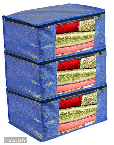 Annora International Saree Covers With Zip, Storage Organizer/Storage Box For Clothes With Transparent Window/Cloth Storage Box/Saree Covers For Storage/Cloth Organiser For Wardrobe (Pack Of 3,Blue)