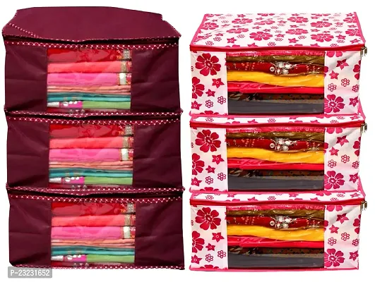 ANNORA INTERNATIONAL, Saree Cover with Zip/Storage Box with transparent window/Cloths Cover/Saree Cover for Storage/Garment Cover/Cloth Organiser Combo set pack of 6 (Solid Maroon and Pink Flower)-thumb0