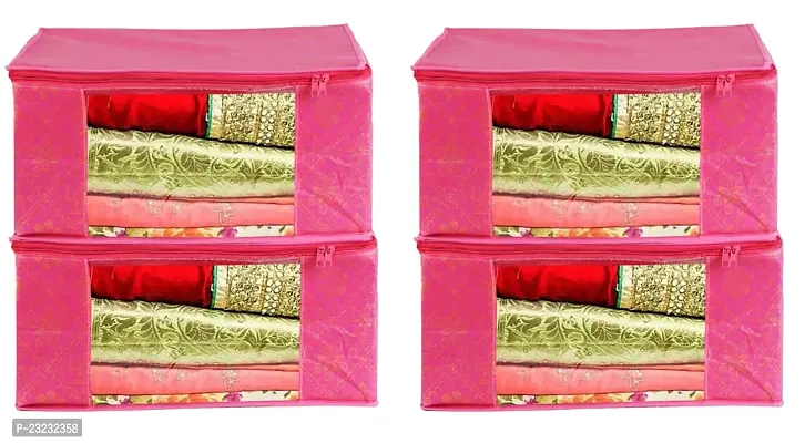 Annora International Saree Covers With Zip, Storage Organizer/Storage Box For Cloth With Transparent Window/Cloth Storage Box/Saree Covers For Storage/Cloth Organiser For Wardrobe (Pack Of 4,Pink)-thumb0