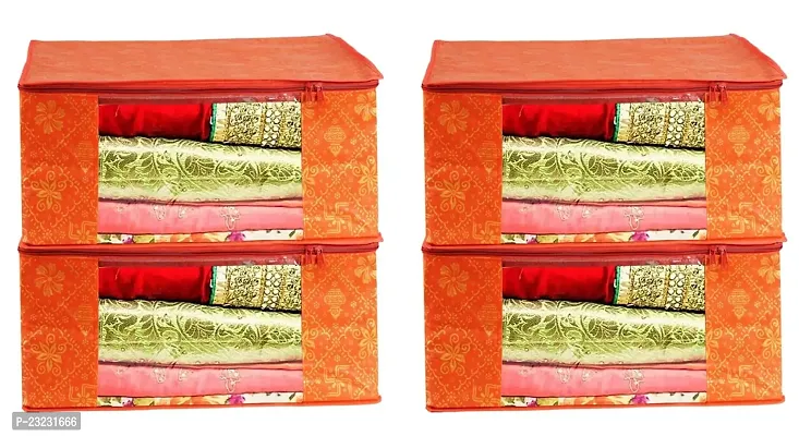 Annora International Saree Covers With Zip, Storage Organizer/Storage Box For Clothes With Transparent Window/Cloth Storage Box/Saree Covers For Storage/Cloth Organiser For Wardrobe (Pack Of 4,Orange)