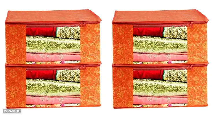 Annora International Saree Covers With Zip, Storage Organizer/Storage Box For Clothes With Transparent Window/Cloth Storage Box/Saree Covers For Storage/Cloth Organiser For Wardrobe (Pack Of 4,Orange)-thumb0