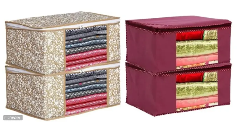 Saree cover 4 Piece Non Woven Fabric Saree Cover Set with Transparent Window, Extra Large wardrobe organizer Set of 4 Cloth Cover/ Storage box/ cloth pouch