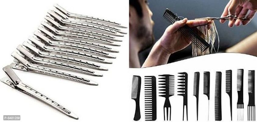 Best Steel Hair Section Clips for Hair Partition, Cutting For Parlor, Saloon and Home Use (12 Pcs, Silver) With 10Pcs Pro Salon Hair Cut Styling Hairdressing Barbers Combs Brush Set Black