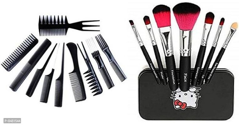 10 PCS HAIR COMBO HAIR CUTTING AND STYLING AND 7 MAKEUP BRUSH MINI KIT BOX-BLACK SET ( BLACK )