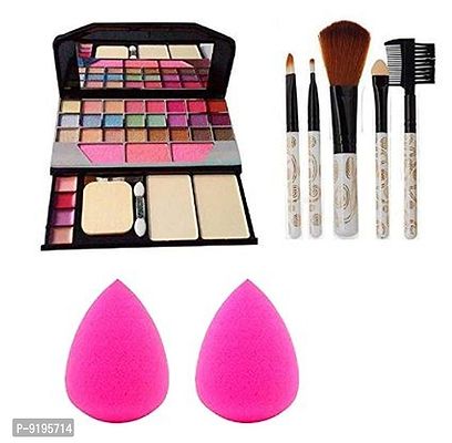Makeup Kit + 5 Pcs Makeup Brush + 2 Pc Blender Puff Combo - Multicolor