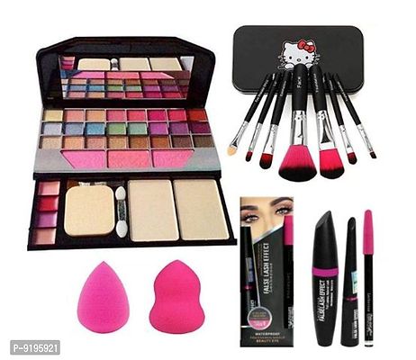 Makeup Kit and 7 Black Makeup Brushes Set, 3in1 Eyeliner,Mascara,Eyebrow Pencil with 2 Pink Beauty Blenders - (Pack of 13)