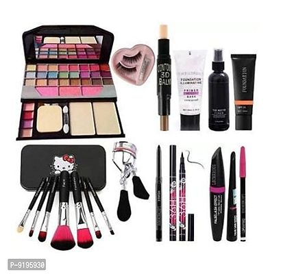 Makeup Kit, 7Pcs Black Brushes Set, 3D Contour Stick, Primer, Fixer, Foundation, Kajal, Waterproof 36H Eyeliner, 3in1 Eyelashes Curler, Glue - (Pack of 11), Multicolour