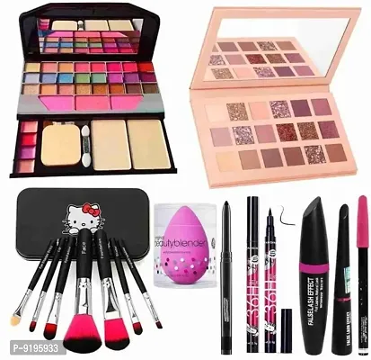 Makeup Kit with Nude Eyeshadow Palatte,7 Black Makeup Brushes,3in1 Eyeliner,Mascara,Eyebrow Pencil,Kajal and 36H Eyeliner - (Pack of 15)