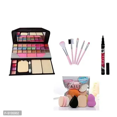 Fashion 6155 Multicolour Makeup Kit and 5 Pink Makeup Brushes Set, 6 Sponges Pack and 1 36H Waterproof Liquid Eyeliner - (Pack of 13)-thumb0