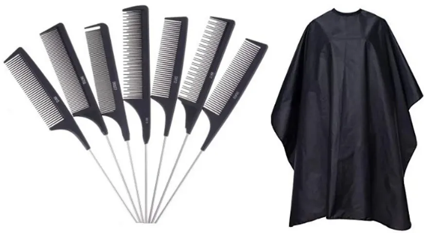 BERACAH Professional Heat Resistant Salon Black Metal Pin Tail Anti-static Comb Hard Carbon Cutting Comb Hair + Cutting Sheet Cape Apron for Men and Women for Salon Barber Use (PACK OF 8)