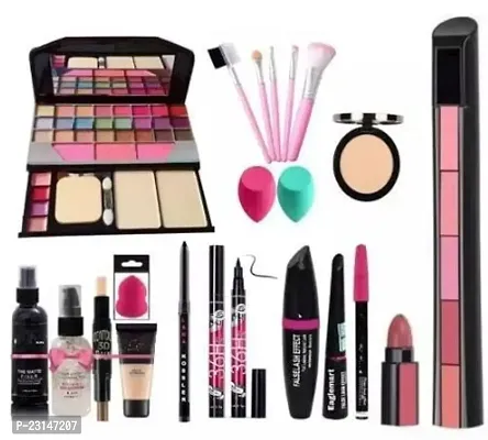 BERACAH Makeup Kit with 5 Pink Makeup Brushes, 3in1 Combo, 36H Eyeliner, Kajal, Compact, Lipstick, Fixer, Primer, Contour, Foundation, 3 Makeup Puffs - (Pack of 20)
