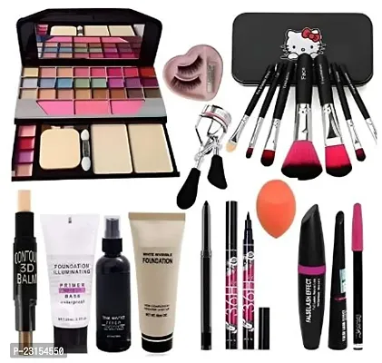 BERACAH Makeup Kit and 7 Black Makeup Brushes, Matte Fixer, Primer, Contour, Foundation, 3in1 Eyeliners Combo, Kajal 36H Eyeliner, Eyelash with Makeup Sponge - (Pack of 19)-thumb0