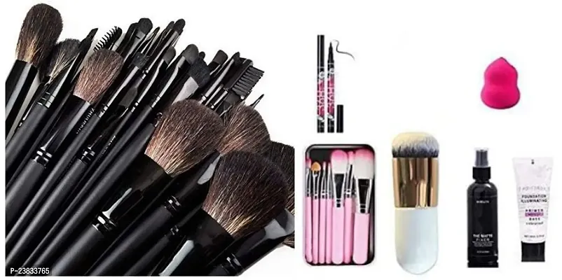 24 Pcs Makeup Brush Set, Soft Bristles 7 Pcs Pink Makeup Brushes Set with 1 White Mini Foundation Brush, 1 Matte Fixer, 1 Primer, 1 36H Eyeliner and 1 Pink Beauty Blender - (Pack of 13)