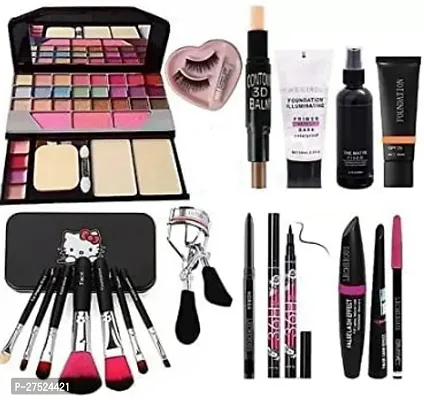 6155 Makeup Kit and 7 Black Makeup Brushes,Contour Stick,Primer,Fixer,Foundation,Kajal,36H Eyeliner,Eyelashes  Curler  3in1 Liner,Mascara,Eyebrow Pencil - (Pack of 19)