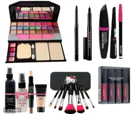 6155 Makeup Kit with 7 Pcs Black Makeup Brushes, 4IN1 Red Edition Matte Mini Lipstick, Fixer, Primer, Contour, Foundation, 36H, Kajal, 3in1 Combo - (Pack of 21)