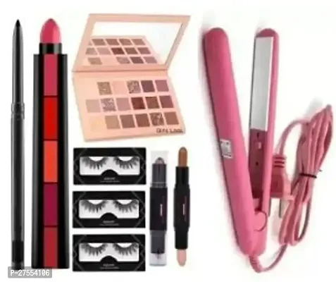 Nude Eyeshadow + 3pcs Eye Lashes + Kajal + Straightener + Contour + Red 5-in-1 Lipstick Makeup Combo Set