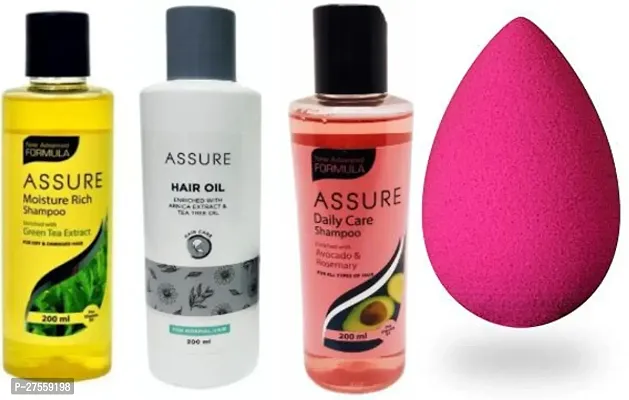 Assure Hair Oil+Deep Cleanse+ Green Tea Shampoo+ Makeup Sponge Blender Combo kit Offer (pack of 4)-thumb0
