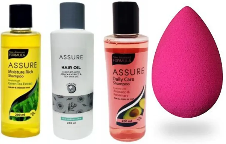 Assure Hair Oil+Deep Cleanse+ Green Tea Shampoo+ Makeup Sponge Blender Combo kit Offer (pack of 4)