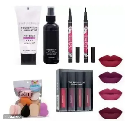 Makeup Brush Set+5 in 1 Matte Lipstick+4 Red Addition Lipstick+2 36 Hr Eye Liner and Makeup Sponges