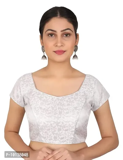 FIGURE UP Women's Printed Half Sleeve Round Neck Silver Chanderi Blouse for Casual Wear 44-thumb0