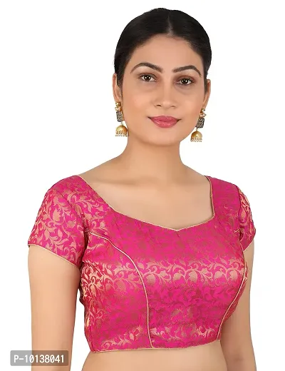 FIGURE UP Women's Printed Half Sleeve Round Neck Rani Pink Chanderi Blouse for Casual Wear 44-thumb3