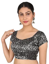 FIGUREUP Women Printed Half Sleeve Round Neck Black & Silver Chanderi Blouse for Casual Wear 42-thumb3