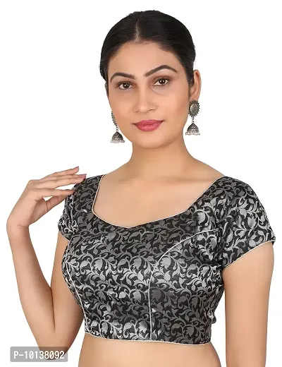 FIGUREUP Women Printed Half Sleeve Round Neck Black & Silver Chanderi Blouse for Casual Wear 42-thumb4