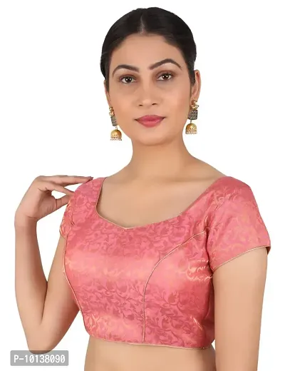 FIGUREUP Women Printed Half Sleeve Round Neck Baby Pink Chanderi Blouse for Casual Wear 34-thumb3