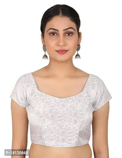 FIGUREUP Women Printed Half Sleeve Round Neck Silver Chanderi Blouse for Casual Wear 36-thumb0