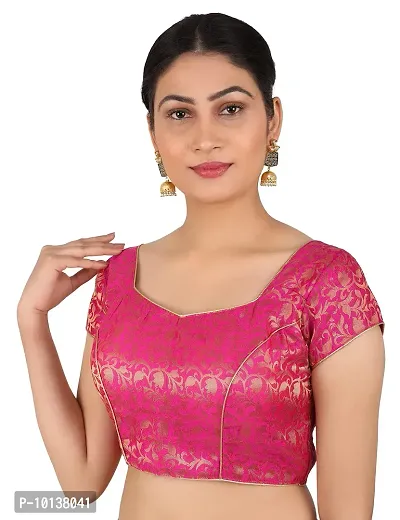 FIGURE UP Women's Printed Half Sleeve Round Neck Rani Pink Chanderi Blouse for Casual Wear 44-thumb4