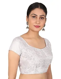 FIGURE UP Women's Printed Half Sleeve Round Neck Silver Chanderi Blouse for Casual Wear 44-thumb2