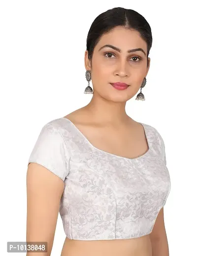 FIGURE UP Women's Printed Half Sleeve Round Neck Silver Chanderi Blouse for Casual Wear 44-thumb3