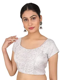 FIGURE UP Women's Printed Half Sleeve Round Neck Silver Chanderi Blouse for Casual Wear 44-thumb3