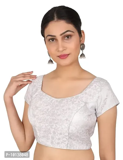 FIGURE UP Women's Printed Half Sleeve Round Neck Silver Chanderi Blouse for Casual Wear 44-thumb4