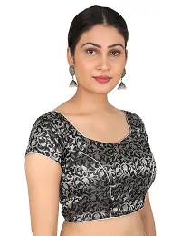 FIGUREUP Women Printed Half Sleeve Round Neck Black & Silver Chanderi Blouse for Casual Wear 42-thumb2