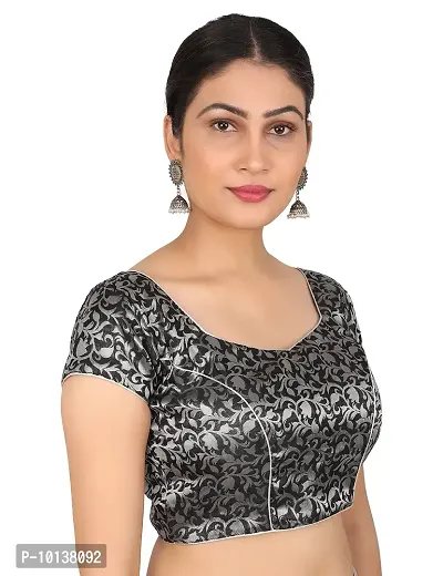 FIGUREUP Women Printed Half Sleeve Round Neck Black & Silver Chanderi Blouse for Casual Wear 42-thumb3