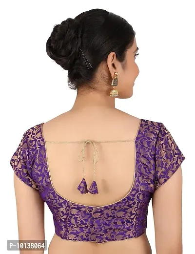 FIGUREUP Women Printed Half Sleeve Round Neck Purple Chanderi Blouse for Casual Wear 42-thumb2