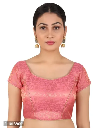 FIGUREUP Women Printed Half Sleeve Round Neck Baby Pink Chanderi Blouse for Casual Wear 34