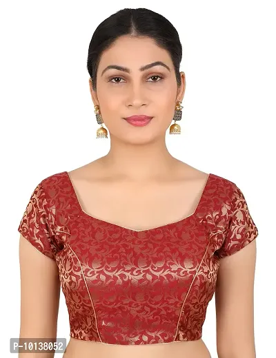 FIGURE UP Women's Printed Half Sleeve Round Neck Maroon Chanderi Blouse for Casual Wear 38