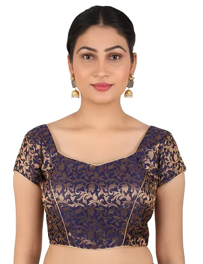 FIGUREUP Women Printed Half Sleeve Round Neck Chanderi Blouse for Casual Wear