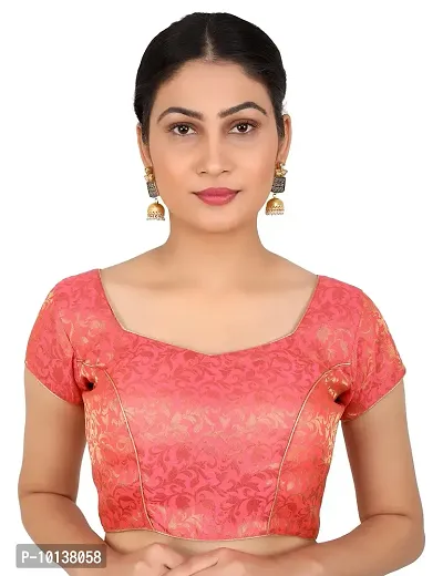 FIGURE UP Women's Printed Half Sleeve Round Neck Gajri Chanderi Blouse for Casual Wear 34