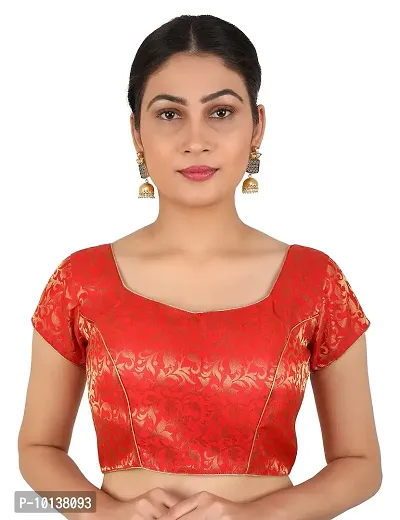 FIGUREUP Women Printed Half Sleeve Round Neck Red Chanderi Blouse for Casual Wear 38