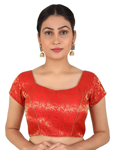 FIGUREUP Women Printed Half Sleeve Round Neck Chanderi Blouse for Casual Wear