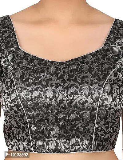 FIGUREUP Women Printed Half Sleeve Round Neck Black & Silver Chanderi Blouse for Casual Wear 42-thumb5