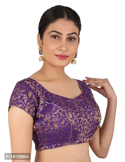 FIGUREUP Women Printed Half Sleeve Round Neck Purple Chanderi Blouse for Casual Wear 42-thumb3